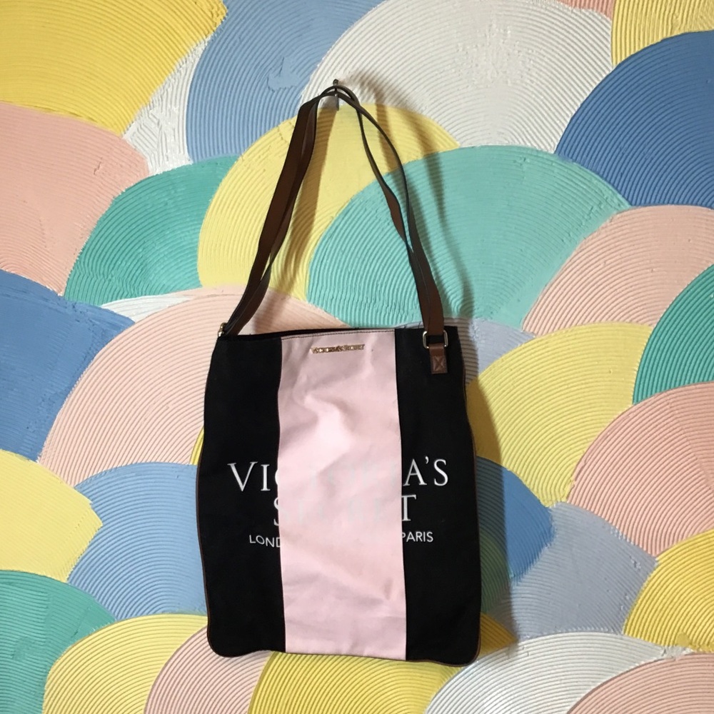 Victoria's Secret Black and Light Pink Vertical Stripe Canvas Tote